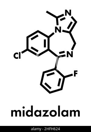 Molécule de médicament à base de benzodiazépine au midazolam.A sédatif, anxiolytique, amnétique, hypnotique, anticonvulsant,propriétés etc.Formule squelettique. Illustration de Vecteur