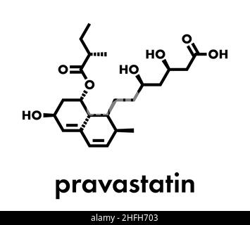 Molécule de médicament hypocholestérolémiant de Pravastatin.Formule squelettique. Illustration de Vecteur