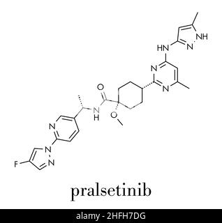 Molécule de médicament contre le cancer du Pralsetinib. Formule squelettique. Illustration de Vecteur