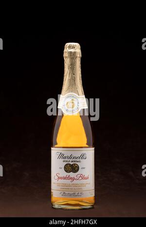 Bouteille de cidre mousseux ou de jus de pomme de Martinelli, fréquemment utilisée comme substitut non alcoolique du champagne, sur fond marron avec Copy sp Banque D'Images