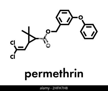 Insecticide pyréthroïde perméthrine. Utilisé pour traiter la gale et les poux de tête chez l'homme. Utilisé pour imprégner les moustiquaires et dans les colliers à puces pour chiens. Skele Illustration de Vecteur