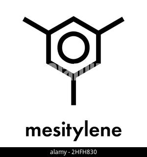 Molécule d'hydrocarbure aromatique mésitylène. Solvant important dans l'industrie chimique et les composés organiques volatils (COV) des rejets dans l'environnement. Ske Illustration de Vecteur