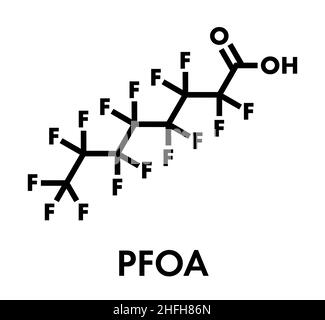 Molécule d'acide perfluorooctanoïque (PFOA, C8). Polluant important et persistant. Formule squelettique. Illustration de Vecteur