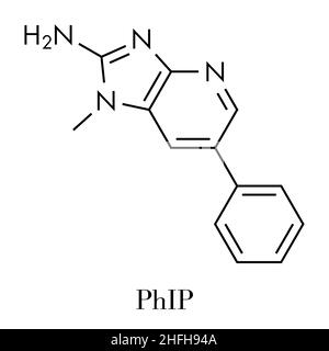 PhIP ou 2-Amino-1-méthyl-6-phenylimidazo(4,5-b)pyridine molécule. Amine hétérocyclique présents dans la viande cuite. Formule topologique. Illustration de Vecteur