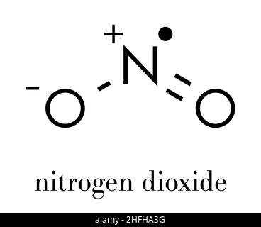 Molécule de pollution atmosphérique de dioxyde d'azote (NO2). Composé radical libre, également appelé NOx. Formule du squelette. Illustration de Vecteur