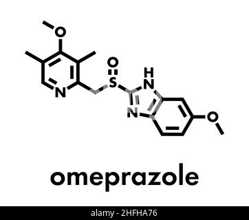 L'Omeprazole de dyspepsie et d'ulcère gastroduodénal (médicament inhibiteur de la pompe à protons) molécule. Formule topologique. Illustration de Vecteur