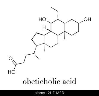 Molécule médicamenteuse de la maladie du foie acide obeticholique.Agoniste du récepteur x farnésoïde (FXR).Formule squelettique. Illustration de Vecteur