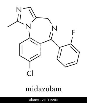 Molécule de médicament à base de benzodiazépine au midazolam.A sédatif, anxiolytique, amnétique, hypnotique, anticonvulsant,propriétés etc.Formule squelettique. Illustration de Vecteur