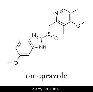 L'Omeprazole de dyspepsie et d'ulcère gastroduodénal (médicament inhibiteur de la pompe à protons) molécule. Formule topologique. Illustration de Vecteur