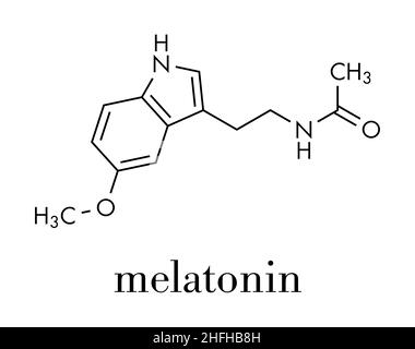 Molécule d'hormone de mélatonine. Chez l'homme, il joue un rôle dans la synchronisation du rythme circadien. Formule du squelette. Illustration de Vecteur