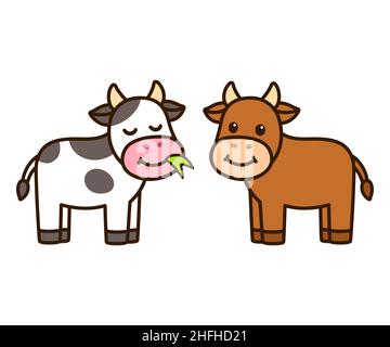 Deux adorables vaches de dessin animé, marron et blanc tacheté.Kawaii petit veau, dessin simple.Illustration de clip art vectoriel. Illustration de Vecteur