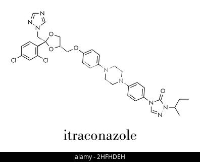 L'itraconazole (classe de médicaments antifongiques triazolés) molécule. Formule topologique. Illustration de Vecteur