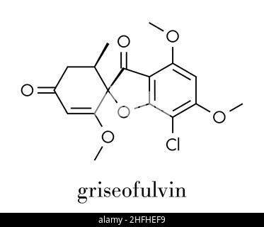 Molécule antimycotique Griseofulvin.Utilisé pour traiter les infections fongiques de la peau et des ongles.Formule squelettique. Illustration de Vecteur