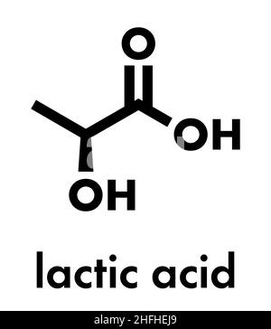 Acide lactique (acide L-lactique) molécule de sucre de lait. Bloc de construction en bioplastique à base d'acide polylactique (PLA). Trouvé dans le lait. Formule du squelette. Illustration de Vecteur