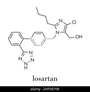 Molécule de médicament d'hypertension losartan.Formule squelettique. Illustration de Vecteur