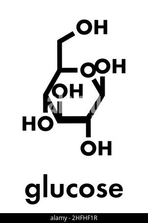 Molécule de glucose (dextrose, sucre de raisin) (forme bêta-D-glucopyranose). Formule du squelette. Illustration de Vecteur