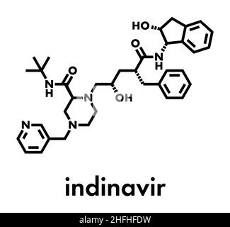 Molécule de médicament anti-VIH indinavir.Appartient à la classe des inhibiteurs de protéase.Formule squelettique. Illustration de Vecteur