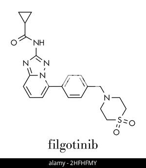 Molécule anti-inflammatoire de Filgotinib.L'inhibiteur Janus kinase 1 est utilisé dans le traitement de la polyarthrite rhumatoïde et de la maladie de Crohn.Formule squelettique. Illustration de Vecteur