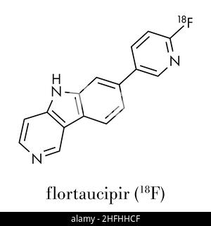 Molécule de diagnostic Flortaucipir (18F). Agent de diagnostic radioactif utilisé pour l'imagerie de la pathologie du tau dans la maladie d'Alzheimer. Formule squelettique. Illustration de Vecteur