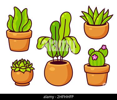 Maison de dessin animé plantes en pots, cactus et succulent.Jeu d'illustrations de clip art vectoriel dessinées à la main. Illustration de Vecteur