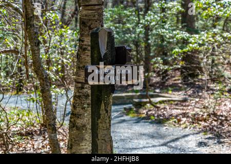 Parc national de Shenandoah, Virginie - 9 mai 2018 : marqueur de sentier pour le sentier White Canyon Trail Banque D'Images