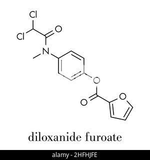 Diloxanide furoate amoebiasis molécule de médicament.Utilisé dans le traitement des infections histolytiques d'Entamoeba.Formule squelettique. Illustration de Vecteur