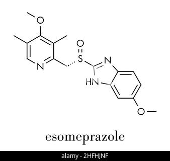 Molécule d'ulcère peptique de l'esoméprazole (inhibiteur de la pompe à protons).Formule squelettique. Illustration de Vecteur