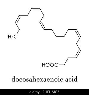 Acide docosahexaénoïque (DHA, acide cervonic) molécule. Les acides gras polyinsaturés oméga-3 présents dans l'huile de poisson. Formule topologique. Illustration de Vecteur