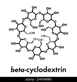 Molécule de bêta-cyclodextrine. Utilisé dans les produits pharmaceutiques, alimentaires, désodorisants, etc. Composés de molécules de glucose. Formule squelettique. Illustration de Vecteur