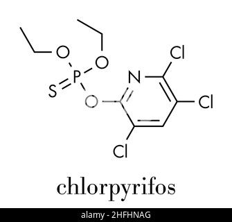 Molécule de pesticide chlorpyrifos organophosphoré. Toxique et cancérogène. Principalement utilisé dans l'agriculture. Formule squelettique. Illustration de Vecteur