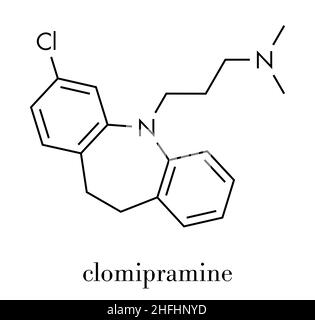 Molécule d'antidépresseur tricyclique Clomipramine.Utilisé dans le traitement de la dépression, du trouble obsessionnel-compulsif, etc. Formule squelette. Illustration de Vecteur