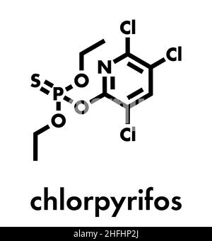 Molécule de pesticide chlorpyrifos organophosphoré. Toxique et cancérogène. Principalement utilisé dans l'agriculture. Formule squelettique. Illustration de Vecteur