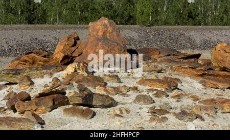 Belles pierres brunes de taille diferente sous le soleil d'été sur fond de carrière et de forêt verte.Rochers couchés sur le sol devant des arbres verts. Banque D'Images