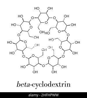 Molécule de bêta-cyclodextrine. Utilisé dans les produits pharmaceutiques, alimentaires, désodorisants, etc. Composés de molécules de glucose. Formule squelettique. Illustration de Vecteur