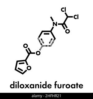 Diloxanide furoate amoebiasis molécule de médicament.Utilisé dans le traitement des infections histolytiques d'Entamoeba.Formule squelettique. Illustration de Vecteur