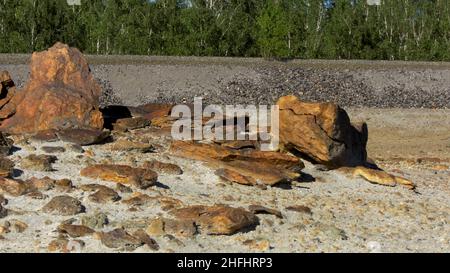 Belles pierres brunes de taille diferente sous le soleil d'été sur fond de carrière et de forêt verte.Rochers couchés sur le sol devant des arbres verts. Banque D'Images