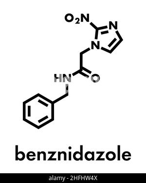 Molécule antiparasite de Benznidazole.Utilisé dans le traitement de la maladie de Chagas (Trypanosoma cruzi).Formule squelettique. Illustration de Vecteur
