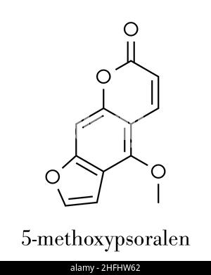 Molécule de bergapten ou de 5-méthoxypsoralen.Photosensibilisant présent dans plusieurs plantes, responsable de la phytophotodermatite.Formule squelettique. Illustration de Vecteur