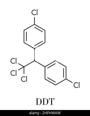 Molécule de DDT (dichlorodiphényltrichloroéthane). Pesticide controversé, utilisé dans l'agriculture et pour la lutte contre les vecteurs de la maladie du paludisme. Formule squelettique. Illustration de Vecteur