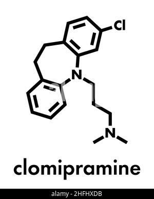 Molécule d'antidépresseur tricyclique Clomipramine.Utilisé dans le traitement de la dépression, du trouble obsessionnel-compulsif, etc. Formule squelette. Illustration de Vecteur