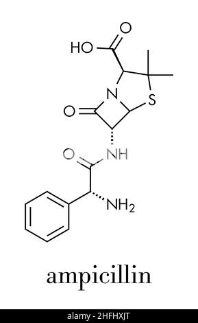 Ampicillin bêta-lactamines molécule pharmaceutique. Formule topologique. Illustration de Vecteur