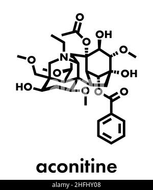 Molécule de l'aconitine. Toxine présente dans les plantes (monkshood Aconitum). Formule topologique. Illustration de Vecteur