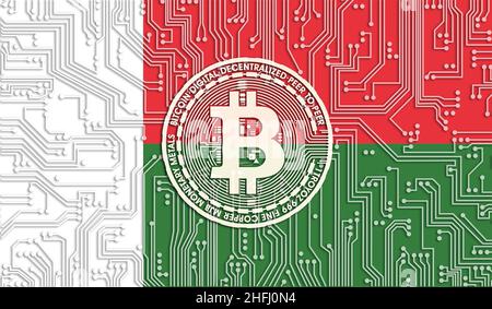 Drapeau de Madagascar et bitcoin, motif de carte de circuit intégré.Croissance du stock de Bitcoin.Image conceptuelle pour les investisseurs dans la crypto-monnaie et Blockchai Banque D'Images