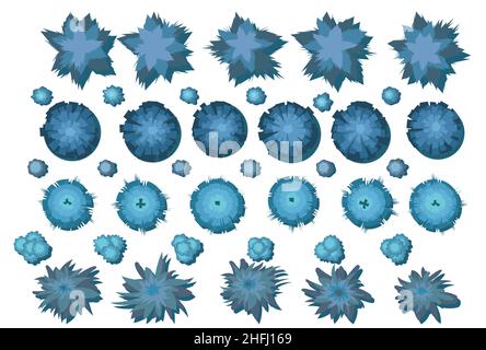 Vue de dessus du paysage de plantes tropicales de nuit.Palmiers et arbustes sauvages.Forêt tropicale sombre de la jungle.Isolé sur fond blanc.Jeu d'illustrations de Illustration de Vecteur