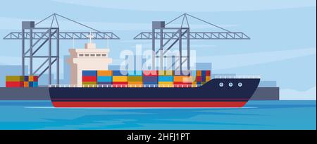 Chargement du cargo dans le port de la ville. Grues sur quai, quai de déchargement des conteneurs d'expédition du navire de fret à la rive. Illustration vectorielle en forme de stylet plat Illustration de Vecteur