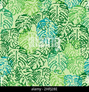 Motif Monstera pixel art pixellisé Palm laisse l'arrière-plan.Texture tropicale 8 bits.Déco vieux jeu vidéo Illustration de Vecteur