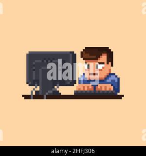 Pixel art mâle fatigué personnage assis devant l'écran de l'ordinateur travaillant sur fond clair, illustration de vecteur de dessin animé rétro 8 bits Illustration de Vecteur