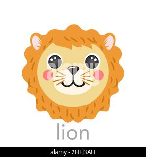 Lion mignon portrait avec le nom texte smiley tête dessin animé forme ronde visage animal, isolé vecteur icônes illustrations sur blanc.Plat simple dessiné à la main pour application, UI, affiche pour enfants, t-shirts, vêtements pour bébés Illustration de Vecteur