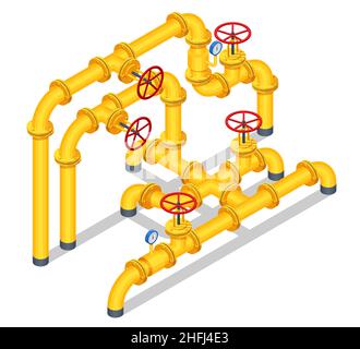 Vannes isométriques et tuyauterie, communications, vannes d'arrêt, appareils pour station de pompage de gaz. Ouverture ou fermeture de la vanne de canalisation. Industrie du gaz, gaz Illustration de Vecteur