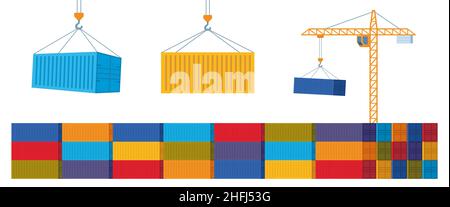 Monte-charges par grue avec conteneur de chargement.Crochet de grue industrielle et pile de conteneurs de cargaison colorés, ensemble d'éléments.Concept d'expédition de fret.Vecteur illu Illustration de Vecteur